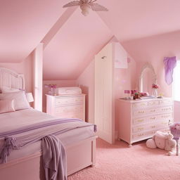 A cosy bedroom with a girly ambiance, featuring hues of pink and light purple. The furniture, accessories and wall paint collectively contribute to a soft, feminine aesthetic.