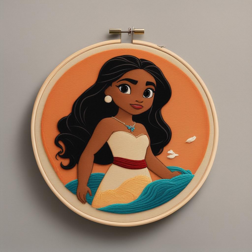 A high-quality image of an intricate embroidery of Moana from Disney's popular animation, set on a beige linen held in an embroidery hoop