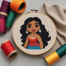 A high-quality image of an intricate embroidery of Moana from Disney's popular animation, set on a beige linen held in an embroidery hoop