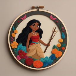 A high-quality image of an intricate embroidery of Moana from Disney's popular animation, set on a beige linen held in an embroidery hoop