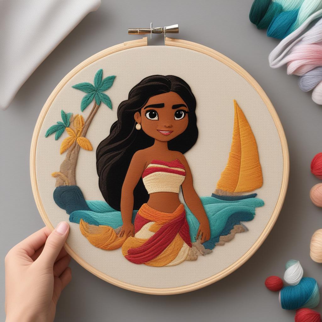 A high-quality image of an intricate embroidery of Moana from Disney's popular animation, set on a beige linen held in an embroidery hoop