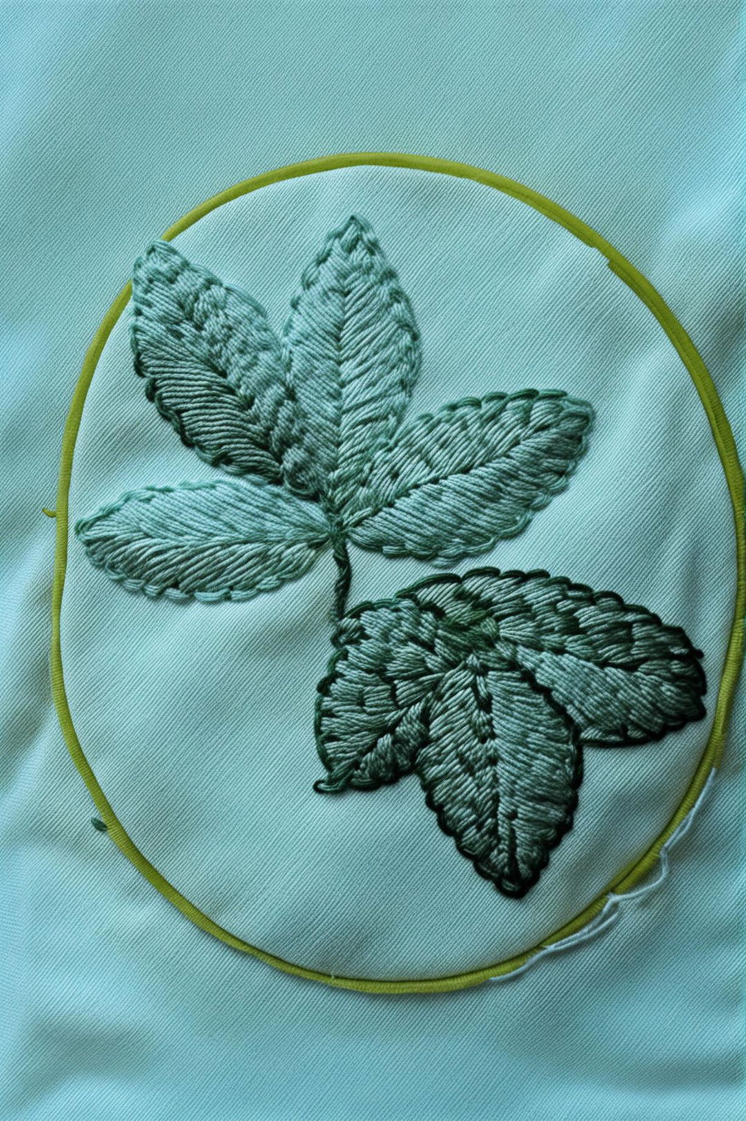 This is an image of a beautifully handcrafted embroidery hoop featuring a realistic leaf design