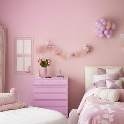 A cosy bedroom with a girly ambiance, featuring hues of pink and light purple. The furniture, accessories and wall paint collectively contribute to a soft, feminine aesthetic.