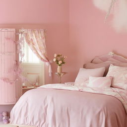 A cosy bedroom with a girly ambiance, featuring hues of pink and light purple. The furniture, accessories and wall paint collectively contribute to a soft, feminine aesthetic.