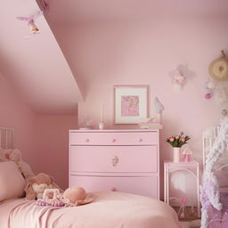 A cosy bedroom with a girly ambiance, featuring hues of pink and light purple. The furniture, accessories and wall paint collectively contribute to a soft, feminine aesthetic.