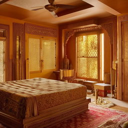 A tastefully designed Indian bedroom with vibrant colors, elaborate patterns, and traditional handcrafted furniture. Gold accents and plush textiles intertwine with warm lighting and exotic artwork.