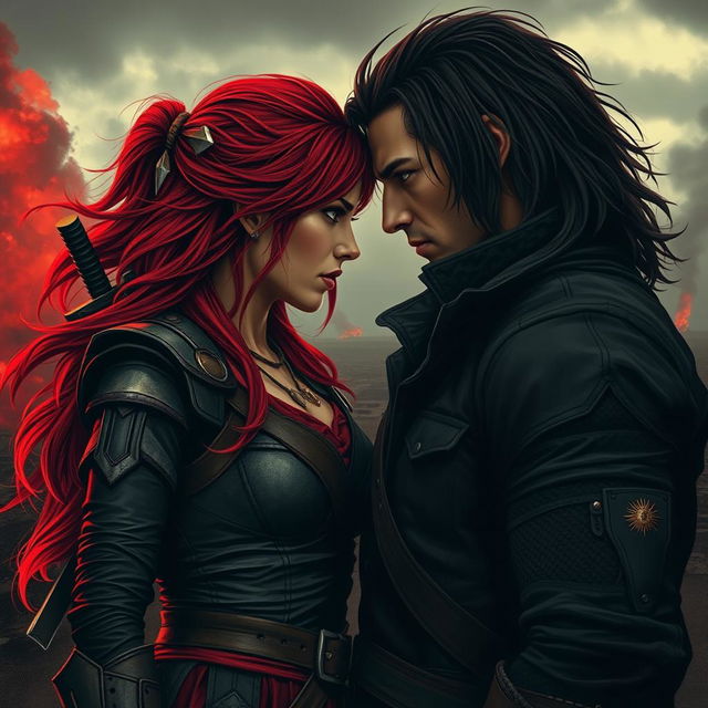 A passionate and dramatic scene depicting two rivals, a fierce warrior woman with fiery red hair in a battle-ready outfit, and a brooding, rugged man with dark hair and a mysterious aura