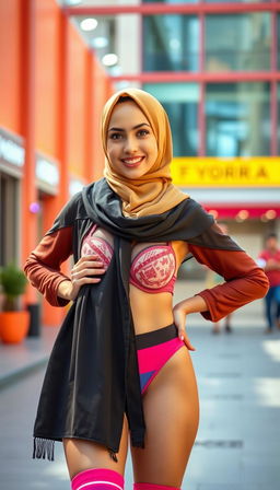 A fashionable European girl wearing a stylish hijab, showcasing her confidence