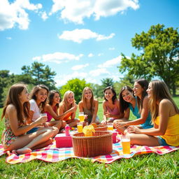 A group of high school students engaging in a fun and cheerful outdoor picnic, enjoying a sunny day