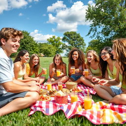 A group of high school students engaging in a fun and cheerful outdoor picnic, enjoying a sunny day