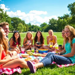 A group of high school students engaging in a fun and cheerful outdoor picnic, enjoying a sunny day