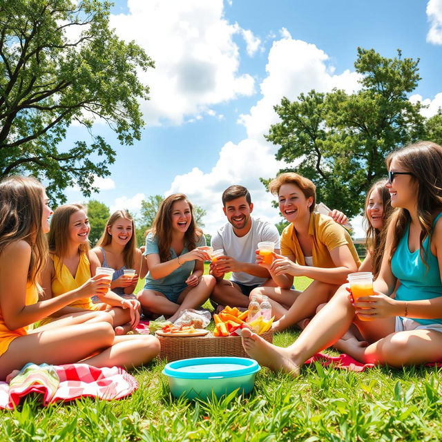 A group of high school students engaging in a fun and cheerful outdoor picnic, enjoying a sunny day