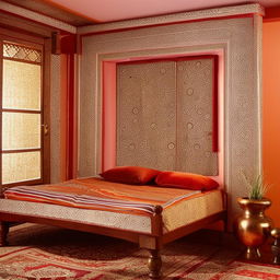 A tastefully designed Indian bedroom with vibrant colors, elaborate patterns, and traditional handcrafted furniture. Gold accents and plush textiles intertwine with warm lighting and exotic artwork.