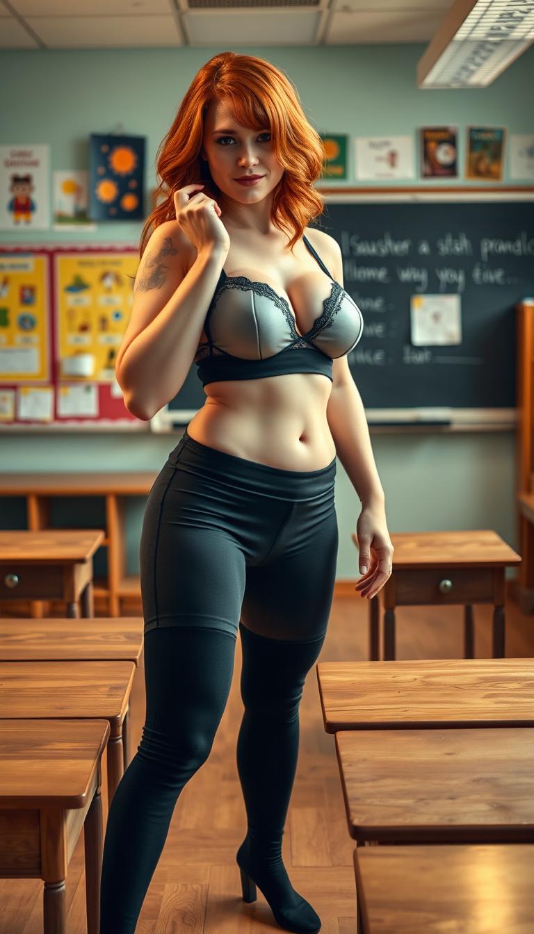 A 40-year-old redhead Irish teacher in a provocative classroom setting, showcasing her alluring figure