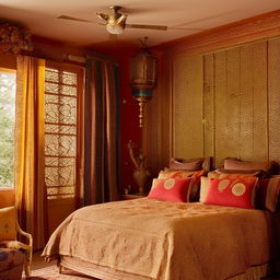 A tastefully designed Indian bedroom with vibrant colors, elaborate patterns, and traditional handcrafted furniture. Gold accents and plush textiles intertwine with warm lighting and exotic artwork.