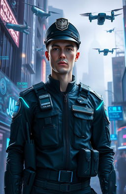 A futuristic and sleek police officer in a bustling urban environment, wearing a high-tech uniform equipped with advanced gadgets