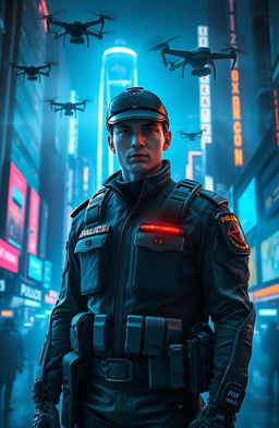 A futuristic and sleek police officer in a bustling urban environment, wearing a high-tech uniform equipped with advanced gadgets