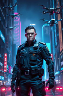 A futuristic and sleek police officer in a bustling urban environment, wearing a high-tech uniform equipped with advanced gadgets