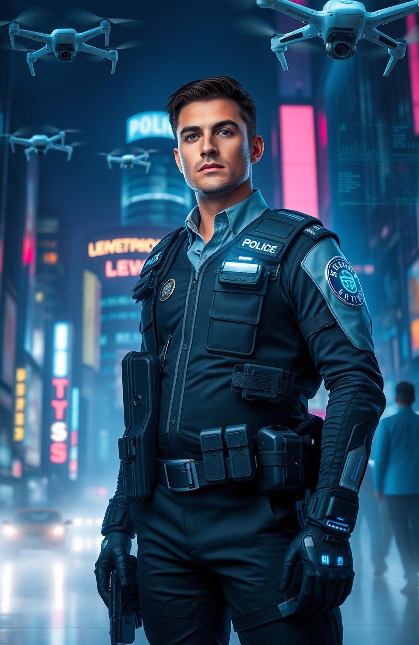 A futuristic and sleek police officer in a bustling urban environment, wearing a high-tech uniform equipped with advanced gadgets