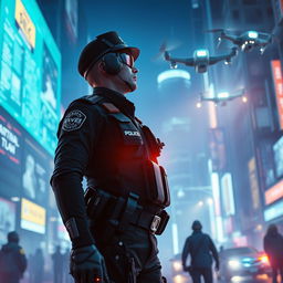 A futuristic police officer in a neon-lit city at night