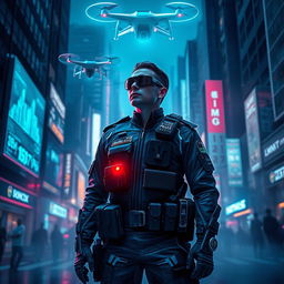 A futuristic police officer in a neon-lit city at night