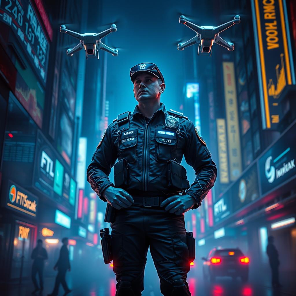 A futuristic police officer in a neon-lit city at night