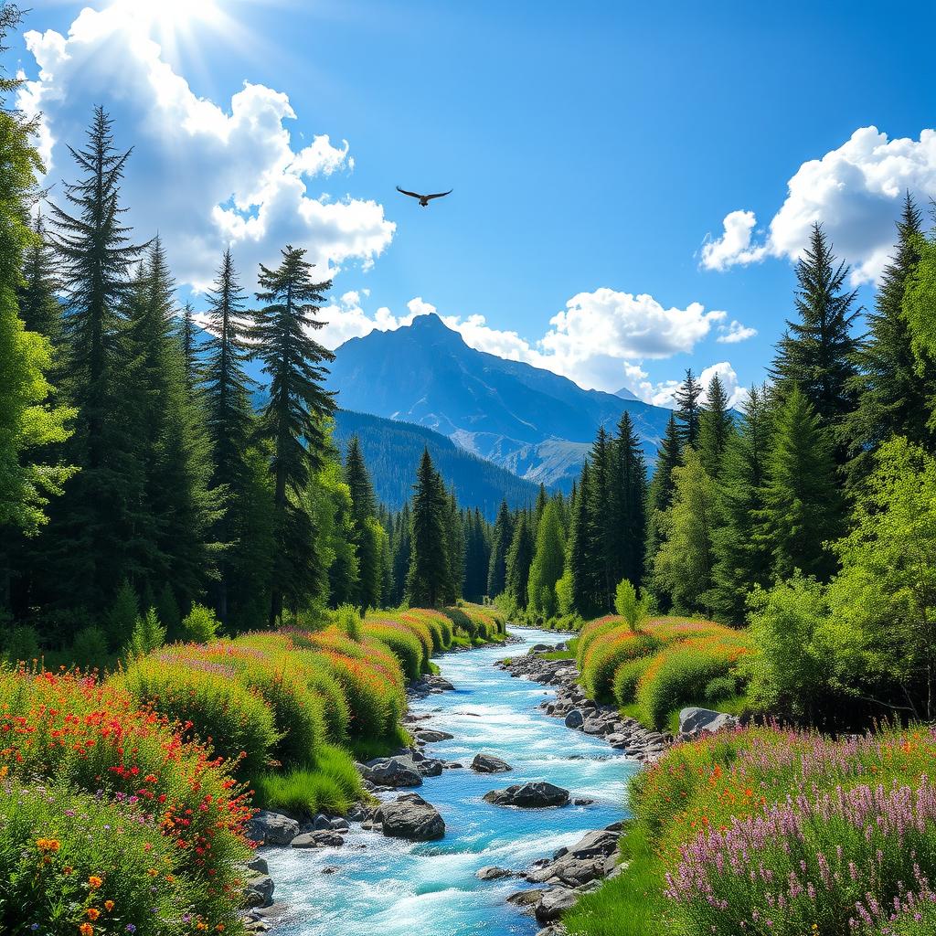 A breathtaking natural landscape featuring a lush green forest with towering trees, vibrant wildflowers in various colors, and a crystal-clear river flowing through the scene