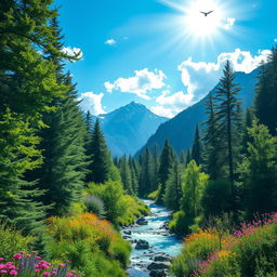A breathtaking natural landscape featuring a lush green forest with towering trees, vibrant wildflowers in various colors, and a crystal-clear river flowing through the scene