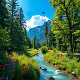 A breathtaking natural landscape featuring a lush green forest with towering trees, vibrant wildflowers in various colors, and a crystal-clear river flowing through the scene