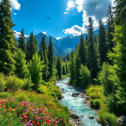 A breathtaking natural landscape featuring a lush green forest with towering trees, vibrant wildflowers in various colors, and a crystal-clear river flowing through the scene