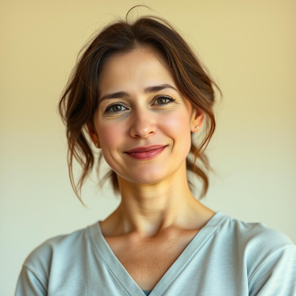 A 38-year-old woman with light skin and a natural style, featuring minimal makeup