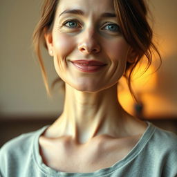 A 38-year-old woman with light skin and a natural style, featuring minimal makeup