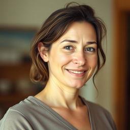 A 38-year-old woman with light skin and a natural style, featuring minimal makeup