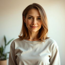 A 38-year-old woman with light skin and a natural style, showcasing minimal makeup