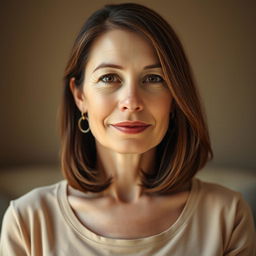 A 38-year-old woman with light skin and a natural style, showcasing minimal makeup