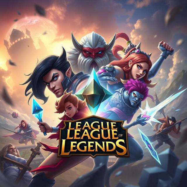 A vibrant and dynamic League of Legends thumbnail showcasing iconic champions in an epic battle scene