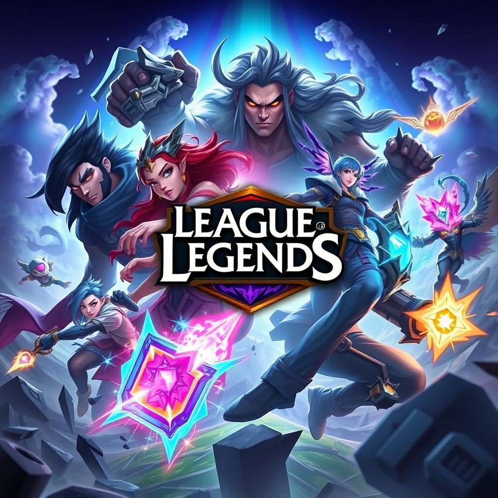 A vibrant and dynamic League of Legends thumbnail showcasing iconic champions in an epic battle scene