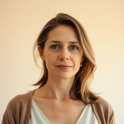 A 38-year-old woman with light skin and a natural style, featuring minimal makeup