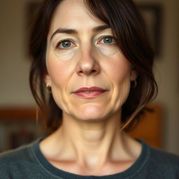 A 38-year-old woman with light skin and a natural style, featuring minimal makeup