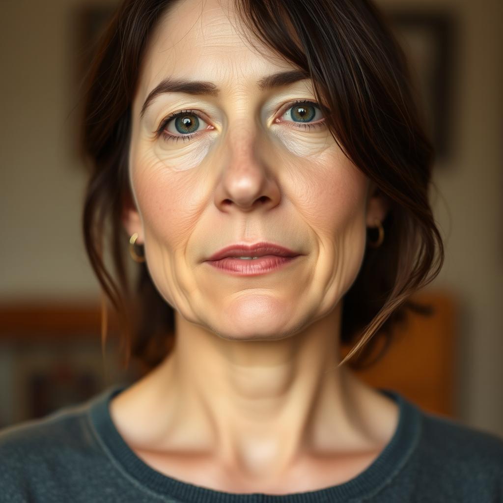 A 38-year-old woman with light skin and a natural style, featuring minimal makeup