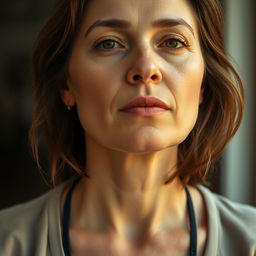 A 38-year-old woman with light skin and a natural style, featuring minimal makeup