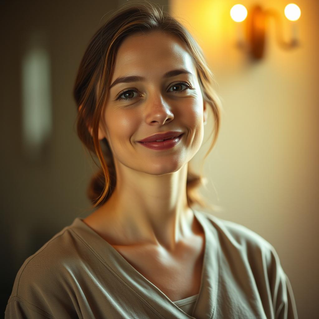 A 35-year-old woman with light skin and a natural style, showcasing minimal makeup