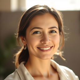 A 35-year-old woman with light skin and a natural style, featuring minimal makeup