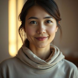 A 35-year-old woman with light skin and a natural style, characterized by minimal makeup