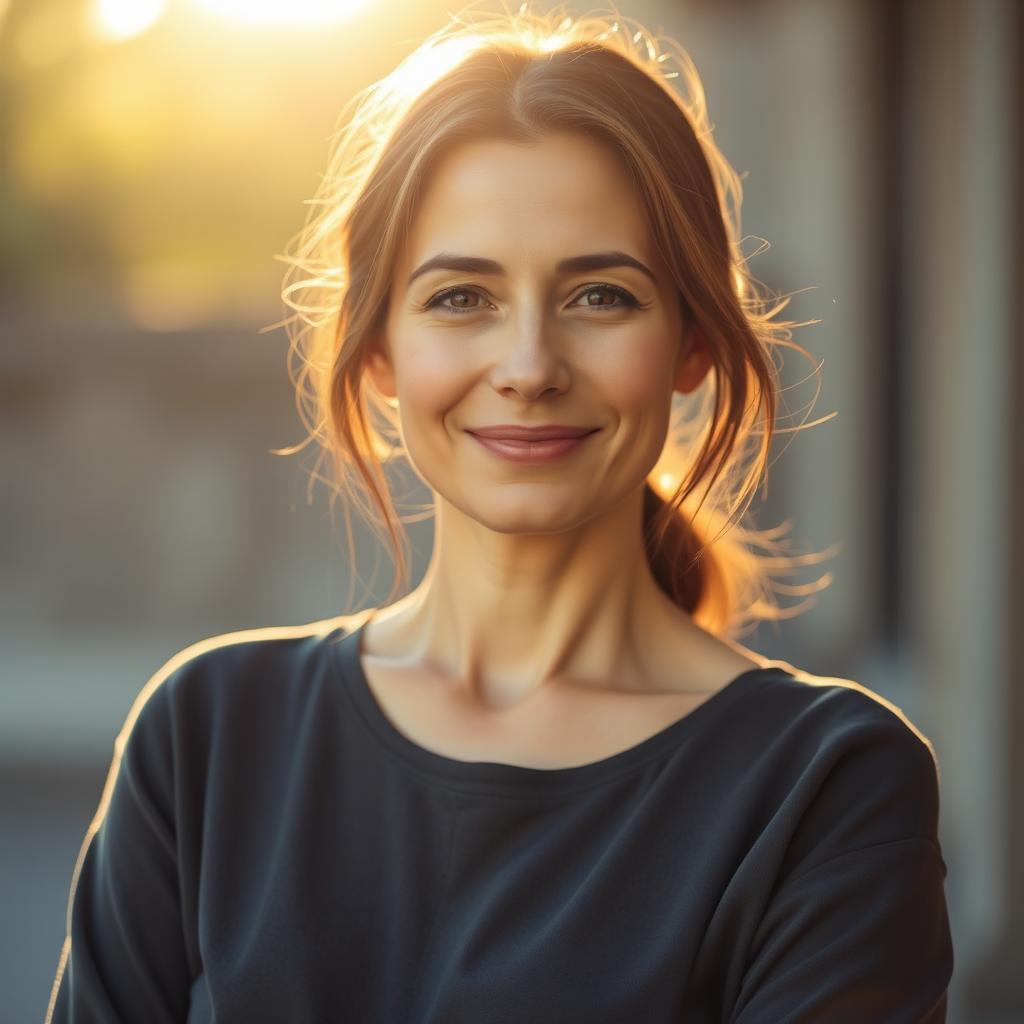 A 35-year-old woman with light skin and a natural style, characterized by minimal makeup