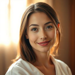 A 35-year-old woman with light skin and a natural style, characterized by minimal makeup