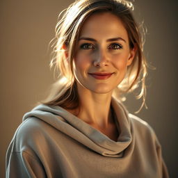 A 35-year-old woman with light skin and a natural style, characterized by minimal makeup