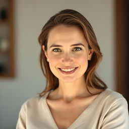 A 35-year-old woman with light skin and a natural style, featuring minimal makeup
