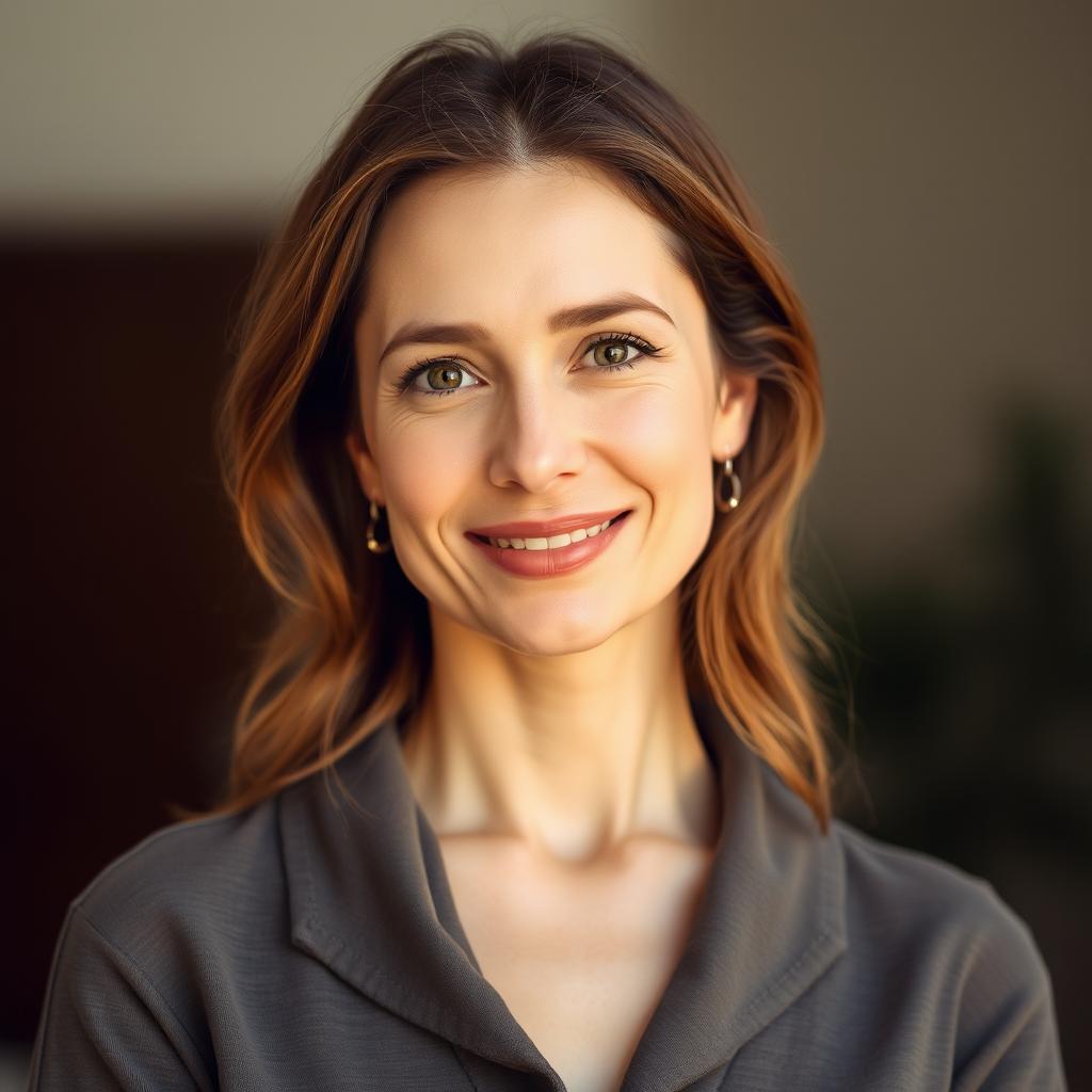 A 35-year-old woman with light skin and a natural style, featuring minimal makeup