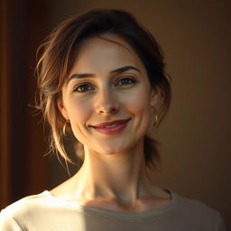 A 35-year-old woman with light skin, embodying a natural style and minimal makeup